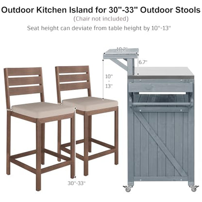 Karzibo 53.4" Farmhouse Outdoor Kitchen Island, Solid Wood Rolling Grill Cart with Stainless Steel Top, Raised Shelf, Internal Storage Rack, Adjustable Shelf & Spice Rack (Grey Blue)