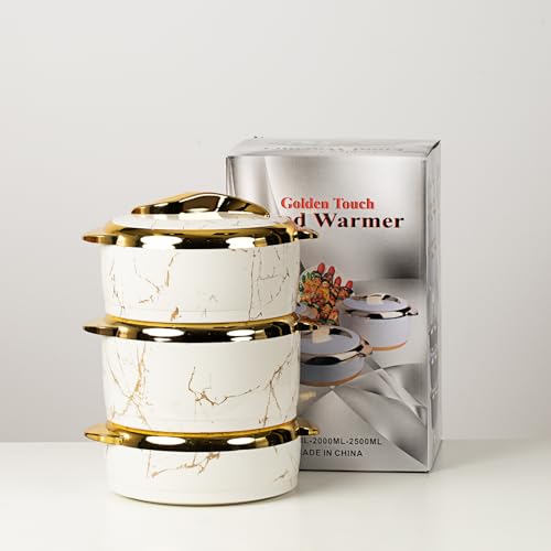 Hywisnok Luxury 3-Piece 2.6/2.1/1.6qt Thermal Casserole Dish Set with Lids, Insulated Stainless Steel Container for Hot & Cold Food, Serving Bowl for Buffets/Parties-Marble White