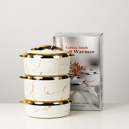 Hywisnok Luxury 3-Piece 2.6/2.1/1.6qt Thermal Casserole Dish Set with Lids, Insulated Stainless Steel Container for Hot & Cold Food, Serving Bowl for Buffets/Parties-Marble White