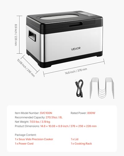 VEVOR Sous Vide Cooker, 800W Sous-Vide Machine, Suveed Cooking Machine with LED Digital Display, Glass Lid, Precise Temperature & Timer Control, for Family & Friends, All-in-One Sous Vide Pot
