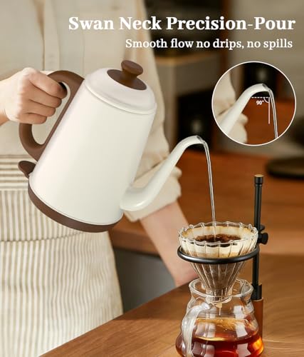YTLAD Gooseneck Electric Kettle 1L, 1000W Fast Boiling for Pour-Over Coffee & Tea, 304 Stainless Steel BPA-Free, Precise Flow Spout, Auto Shut-Off & Boil-Dry Protection, Retro Style (White)