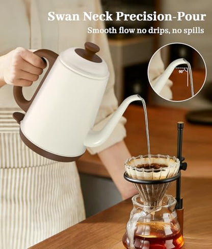 YTLAD Gooseneck Electric Kettle 1L, 1000W Fast Boiling for Pour-Over Coffee & Tea, 304 Stainless Steel BPA-Free, Precise Flow Spout, Auto Shut-Off & Boil-Dry Protection, Retro Style (White)