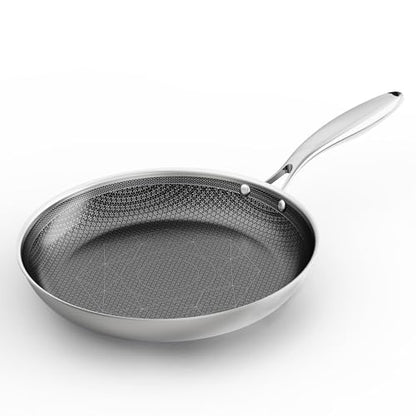 COOKER KING 10-Inch Stainless Steel Pan, Hybrid Nonstick Frying Pan, Skillet, 3-Ply Clad Cookware, Even Heat Distribution, Dishwasher & Oven Safe, with Stay-Cool Handle, Induction Compatible