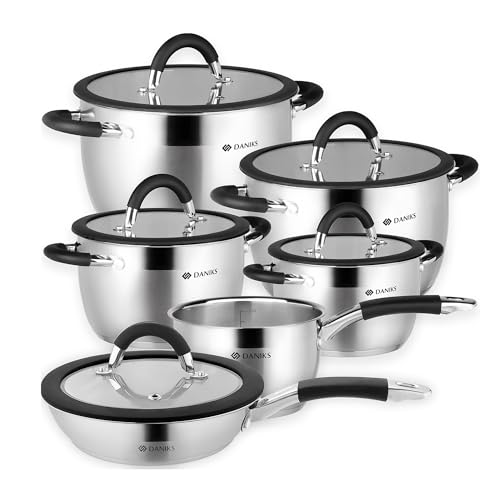 Daniks Orlando 11-Piece Stainless Steel Cookware Set with Glass Lids, Includes Saucepan and Frying Pan, Tri-Ply Bases for Even Heating, Induction Compatible, Dishwasher Safe, Heatproof Handles