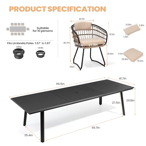 Pellebant 11 Piece Outdoor Dining Set for 10, Aluminum Table & Wicker Chair