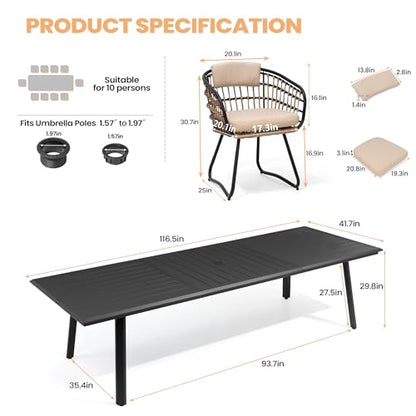 Pellebant 11 Piece Outdoor Dining Set for 10, Aluminum Table & Wicker Chair