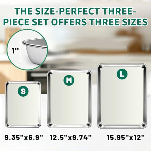 JNDALNG Stainless Steel Cookie Sheet for Baking Set of 3, Stainless Steel Baking Sheet, 9" 12" 16" Sheet Pans, Non Stick, BPA Free, Dishwasher Safe, Durable and Easy Clean (Set of 3-9,12,16”)