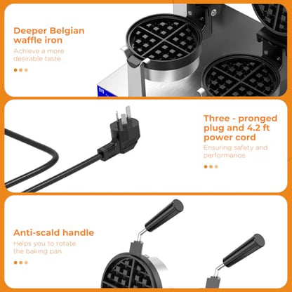 HTTSICHI Commercial Belgain Waffle Maker - Rotating Double Waffle Maker w/Non-stick and 1.2 in Thick, Filp Belgian Waffle Machine w/ 122-572℉ Temp Range and Timer, Stainless Steel Waffle Iron, 2400W
