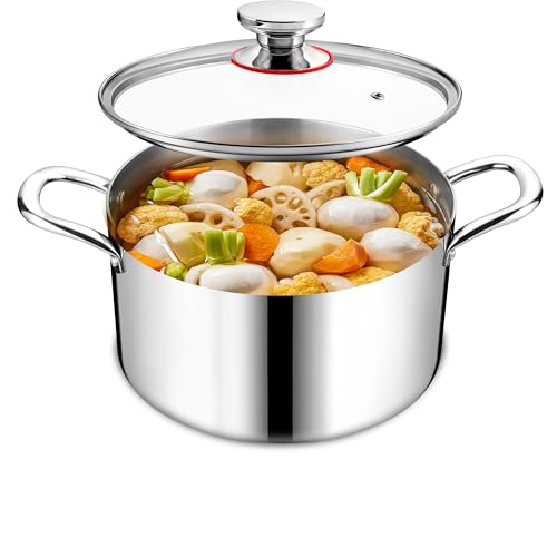Homikit Cooking Stock Pot with Lid, 5 Quart Heavy Duty Tri-ply 18/10 Stainless Steel Soup Pot for Pasta Vegetable Steaming and Stewing, Induction Compatible & Dishwasher Safe