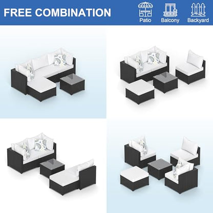 Patio Furniture Set, 5PCS Outdoor Sectional with Ottoman Wicker Rattan Patio Couch with Thickened Cushion Modular Wicker Patio Conversation Set with Glass Top Table for Balcony, Backyard (White)
