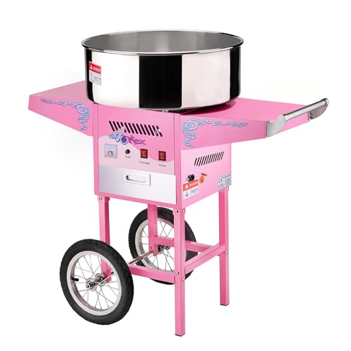 Cotton Candy Machine with Cart Vortex Candy Maker with Stainless-Steel Pan, 2 Side Trays, and 13-inch Wheels by Great Northern Popcorn (Pink)