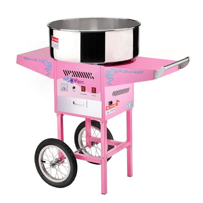 Cotton Candy Machine with Cart Vortex Candy Maker with Stainless-Steel Pan, 2 Side Trays, and 13-inch Wheels by Great Northern Popcorn (Pink)