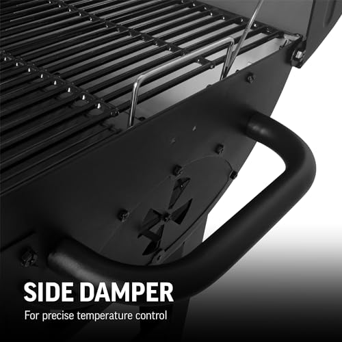 Char-Griller® Texas Trio 3-Burner Gas & Charcoal Grill and Smoker, Push Button to Ignite, Dual temperature Guages, Side Burner, Includes Side Firebox, 1,390 Cooking Square Inches, Black, Model# 3070