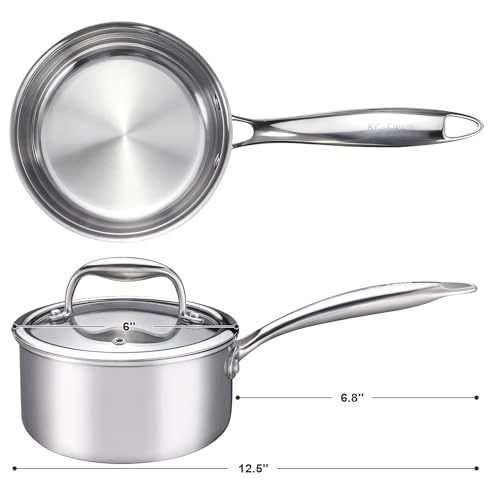 KC-Emier 1-Quart Saucepan with Lid, Tri-Ply Stainless Steel Pot with Stay-Cool Handle & All Cooktop Compatibility (Gas, Ceramic, Electric) - Silver