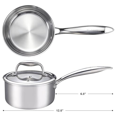 KC-Emier 1-Quart Saucepan with Lid, Tri-Ply Stainless Steel Pot with Stay-Cool Handle & All Cooktop Compatibility (Gas, Ceramic, Electric) - Silver