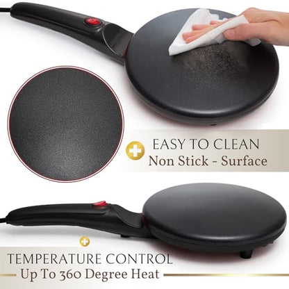 Moss & Stone Electric Crepe Maker – 8” Portable Crepe Pan Nonstick with Dipping Plate, Auto Shut-Off, On/Off Switch, Even Heating & One Automatic Temperature Control – Compact Crepe Maker
