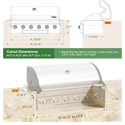 Brand-Man Propane Gas Grill, 40-Inch 6-Burner Built-In Head BBQ Island Outdoor Kitchen, Natural Gas Convertible, Heavy Duty 304 Stainless Steel, 60,000BTUs