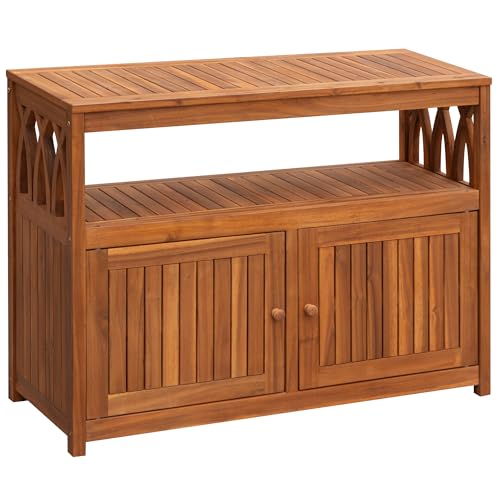 Flamaker Outdoor Storage Cabinet Weatherproof Acacia Wood Outdoor Cabinet with 2 Magnetic Doors Used for Outdoor Storage, Buffet Cabinet, TV Stand, Bar Table, Potting Table (Brown)