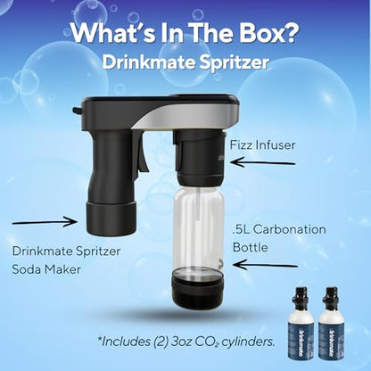 Drinkmate Spritzer Portable Sparkling Water and Soda Streaming Machine | Carbonates Any Drink | Includes Two 3oz CO2 Cartridges + One BPA-Free Bottle