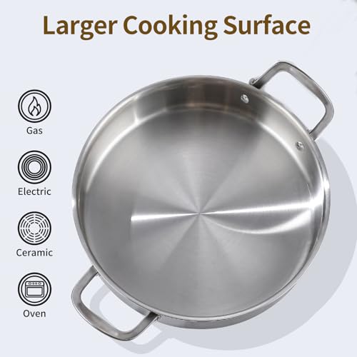 DELARLO Tri-Ply Stainless Steel 8 Quart Braiser Pan with Lid Induction Rondeau Pot With Lid 13inch Deep Frying Pan Large Saute Pan Heavy Duty Style Compatible With All Cooktops Up to 650℉