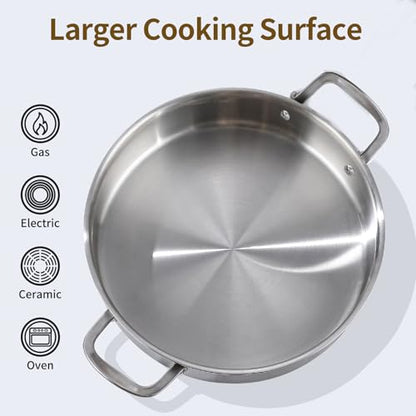 DELARLO Tri-Ply Stainless Steel 8 Quart Braiser Pan with Lid Induction Rondeau Pot With Lid 13inch Deep Frying Pan Large Saute Pan Heavy Duty Style Compatible With All Cooktops Up to 650℉