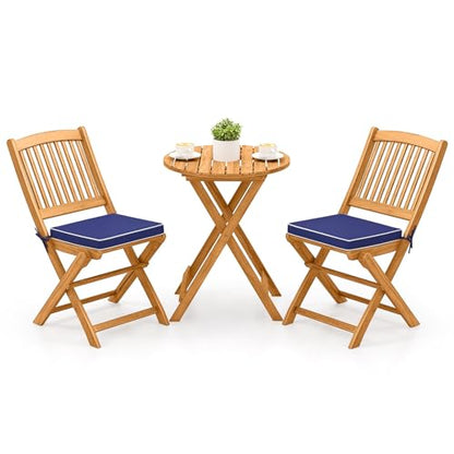 Tangkula 3 Pieces Acacia Wood Patio Folding Bistro Set, Outdoor Table and Chairs Set with Soft Cushions, Patio Furniture Set for Porch, Balcony, Garden, Deck and Backyard