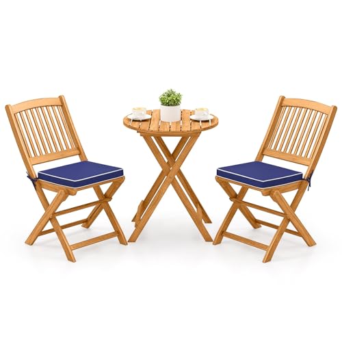 Tangkula 3 Pieces Acacia Wood Patio Folding Bistro Set, Outdoor Table and Chairs Set with Soft Cushions, Patio Furniture Set for Porch, Balcony, Garden, Deck and Backyard