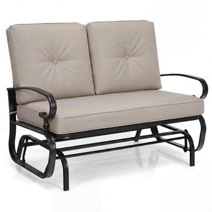 GIANTEX Outdoor Glider Bench, Patio 2 Person Loveseat with Removable Cushion, Thick Padded Seat, Stable Steel Frame, Outside Glider Swing Chair for Deck, Poolside, Yard, Balcony, Porch, Beige