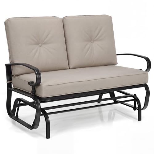 GIANTEX Outdoor Glider Bench, Patio 2 Person Loveseat with Removable Cushion, Thick Padded Seat, Stable Steel Frame, Outside Glider Swing Chair for Deck, Poolside, Yard, Balcony, Porch, Beige
