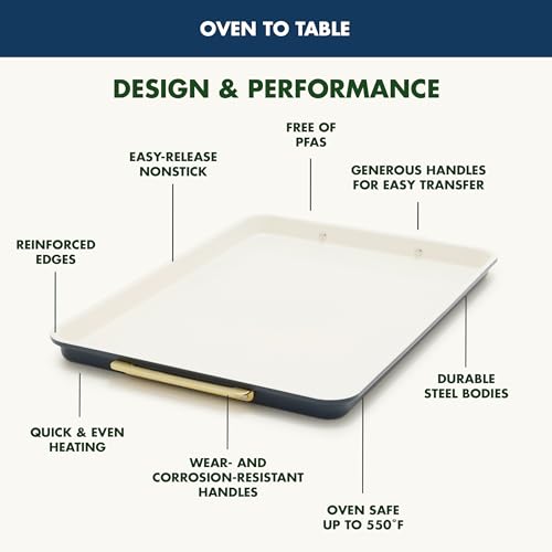 GreenPan Bakeware Set, 7 Piece Nonstick Ceramic Gold Handle Baking Sheets, Cake Pans, Loaf Pan, Muffin Tin, Cooling Rack, PFAS & BPA Free, Freezer to Oven Dish, Bake & Roast Ovenware, Oxford Blue