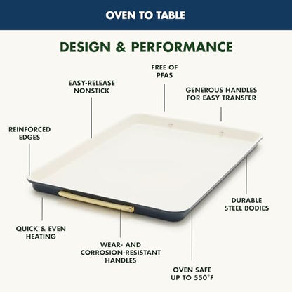 GreenPan Bakeware Set, 7 Piece Nonstick Ceramic Gold Handle Baking Sheets, Cake Pans, Loaf Pan, Muffin Tin, Cooling Rack, PFAS & BPA Free, Freezer to Oven Dish, Bake & Roast Ovenware, Oxford Blue