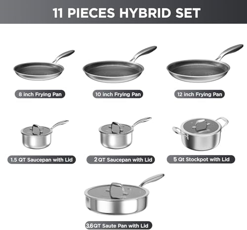 COOKER KING Stainless Steel Cookware Set, 11 Pcs Pots and Pans Set, Hybrid Ceramic Cookware,Non-Stick Frying Pans, Saucepans, Saute Pan & Stock Pot, Non-Toxic, Oven Safe, Induction Compatible