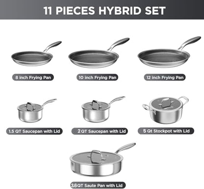 COOKER KING Stainless Steel Cookware Set, 11 Pcs Pots and Pans Set, Hybrid Ceramic Cookware,Non-Stick Frying Pans, Saucepans, Saute Pan & Stock Pot, Non-Toxic, Oven Safe, Induction Compatible