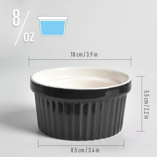 homEdge Porcelain Ramekins Set with Lid, 240 ml / 8 Fl Ounces Ice Cream Bowl, Creme Brûlée Ramekins Soufflé Cup for Baking, Set of 6 Black
