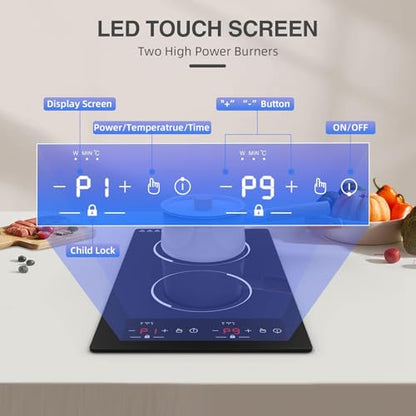 GTKZW 12“ Induction Cooktop, Double Induction Cooktop 2 Burner 110v-120v Electric Stove Top, Countertop and Built-in, 9 Power Levels, Child Lock, 120 Mins Timer