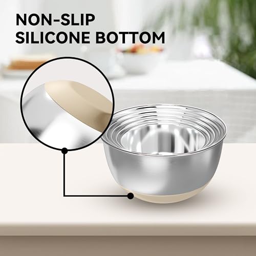 KITEISCAT Stainless Steel Mixing Bowls with Lids – Set of 5 Large Nesting Metal Bowls for Kitchen, Baking, Cooking, Food Prep & Storage, Non-Slip Base, Dishwasher Safe,Khaki