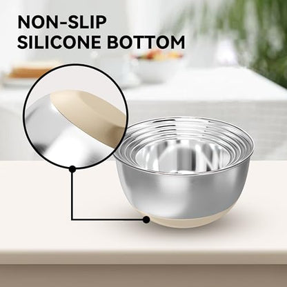 KITEISCAT Stainless Steel Mixing Bowls with Lids – Set of 5 Large Nesting Metal Bowls for Kitchen, Baking, Cooking, Food Prep & Storage, Non-Slip Base, Dishwasher Safe,Khaki