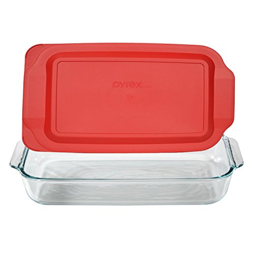 Pyrex (1) 233 3-Qt Rectangular Glass Baking Dish & (1) 233-PC Red Food Storage Lid – Clear Glass Bakeware – Perfect for Leftovers, Food Preparation and So much More - Made in the USA