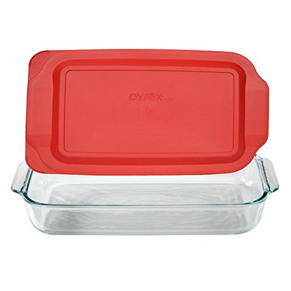 Pyrex (1) 233 3-Qt Rectangular Glass Baking Dish & (1) 233-PC Red Food Storage Lid – Clear Glass Bakeware – Perfect for Leftovers, Food Preparation and So much More - Made in the USA