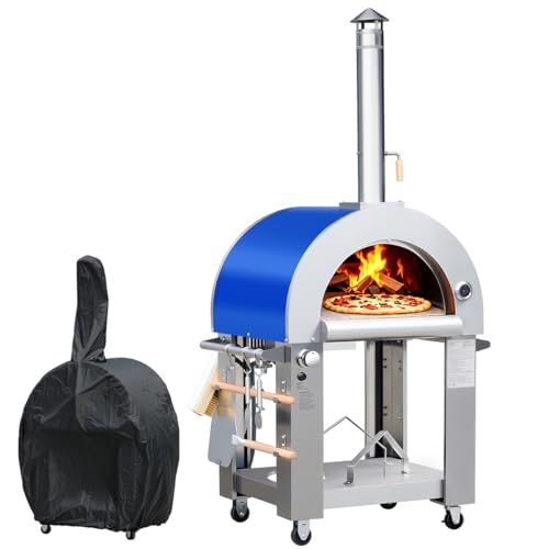 32.5" Dual Fuel Pizza Oven - Wood Fired or Propane Gas Fueled, Large Outdoor Oven with 4 Casters, 8 pcs Pizza Stones for BBQ, Grilling, 430 Stainless Steel Pizza Oven for Backyard, Camping and Party