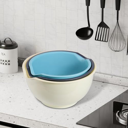 ATRDTO 3pcs Mixing Bowls with Pour Spout-Nesting Design Saves Space - Non-Slip, BPA Free, Dishwasher Safe Plastic - Kitchen Cooking and Baking Supplies (White)