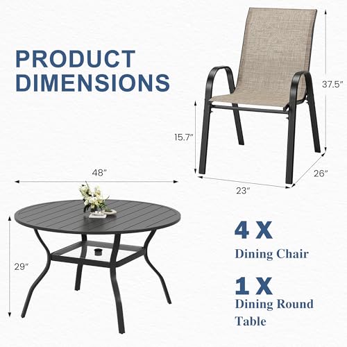 HOMREST 5 Piece Outdoor Patio Dining Table Set of 4,48" Round Metal Table with 4 Stackable Patio Chairs,All-Weather Patio Furniture Set with Umbrella Hole & Storage Shelf for Outside, Brown