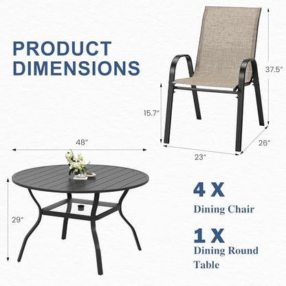 HOMREST 5 Piece Outdoor Patio Dining Table Set of 4,48" Round Metal Table with 4 Stackable Patio Chairs,All-Weather Patio Furniture Set with Umbrella Hole & Storage Shelf for Outside, Brown