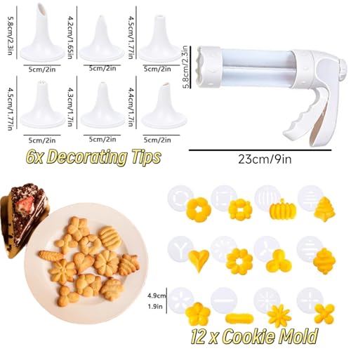 Cookie Press Gun Kit: 12 Discs & 6 Nozzles for Easy Baking. Make Spritz Cookies, Biscuits & Cheese Press. Ideal for Sweet & Cake Decorations. Includes 6 Piping Tips.