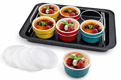 Ramekins set Mother’s Day Gift Set Creme Brulee Making Kit - COLORED 6 Porcelain Ramekins 6 Oz With Silicone Lids - 304 Stainless Steel Lifting Rack And 9.5" X 14" Baking Pan - Oven Safe