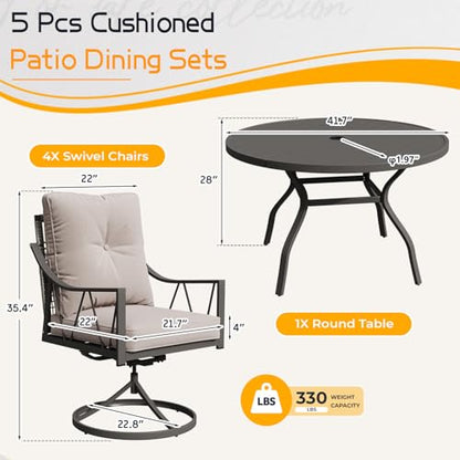 EROMMY 5-Piece Outdoor Patio Dining Set, 4 Wicker Swivel Rocking Chairs with 4" Cushions, 42" Round Table with Adjustable Umbrella Hole for Yard, Backyard, Black