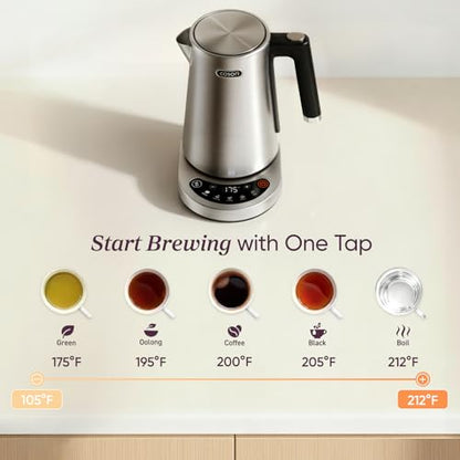 Cosori Electric Kettle, Plastic-Free Interior, 5 Presets ±5℉ Temperature Control, Fast Boiling, 2 Lid Opening, 60Min Keep Warm, Stainless Steel Tea Kettle for Tea, Hot Water, Boil Water, Coffee, 1.7L