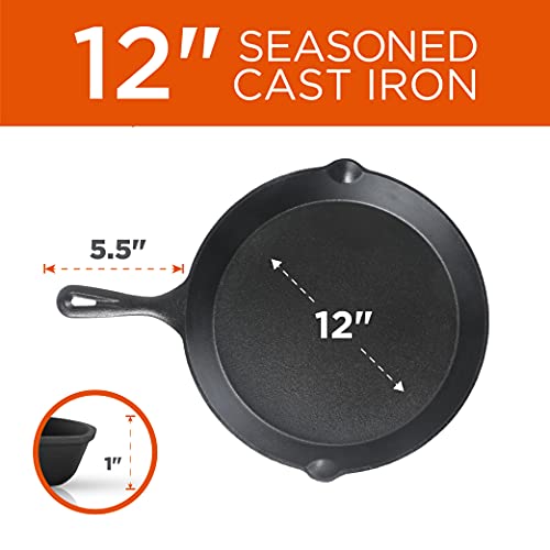 Commercial CHEF 3-Piece Cast Iron Skillet Set – 8 inch, 10 inch, and 12 inch - Pre-seasoned Cast Iron Cookware
