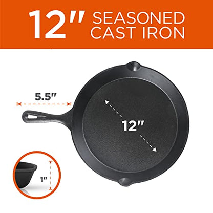 Commercial CHEF 3-Piece Cast Iron Skillet Set – 8 inch, 10 inch, and 12 inch - Pre-seasoned Cast Iron Cookware