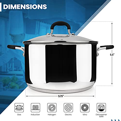 AVACRAFT Stainless Steel Stockpot with Glass Strainer Lid, 6 Quart Stock Pot, Soup & Saucepan Cookware, Side Spouts, Multipurpose, Induction Pan, (5-Ply Capsule Bottom, 6QT)